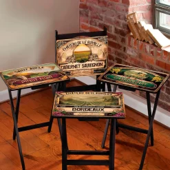 Plow & Hearth Accent Tables>Classic Wine Label Wooden Set of 4 TV Tray Tables with Stand
