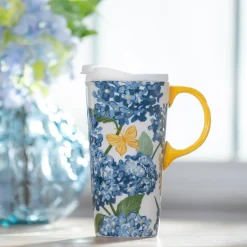 Plow & Hearth Travel Cups>Coastal Citrus Blue Hydrangeas Ceramic Perfect Cup, 17oz, Gift Box