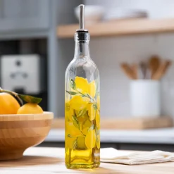 Plow & Hearth Serveware>Coastal Citrus Glass Oil Bottle with Ceramic Dip Dish Set