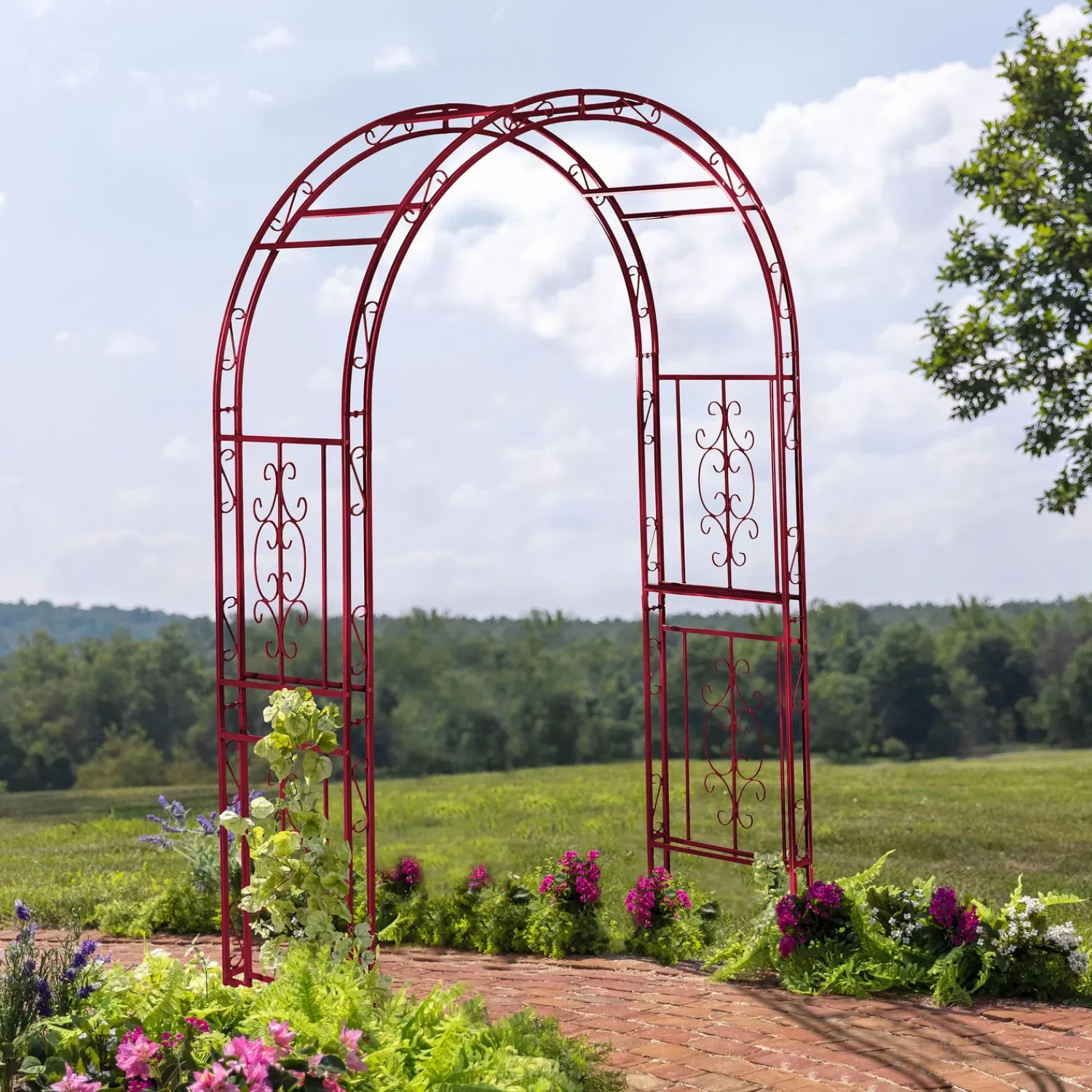 Plow & Hearth Arbors & Trellises>Colored Montebello Scrollwork Metal Garden Arbor, Americana Red