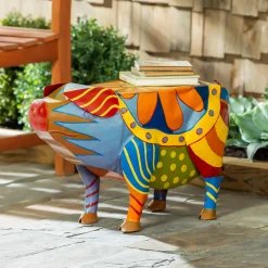 Plow & Hearth Accent Tables|Outdoor Side Tables>Colorful Folk Art Pig Side Table