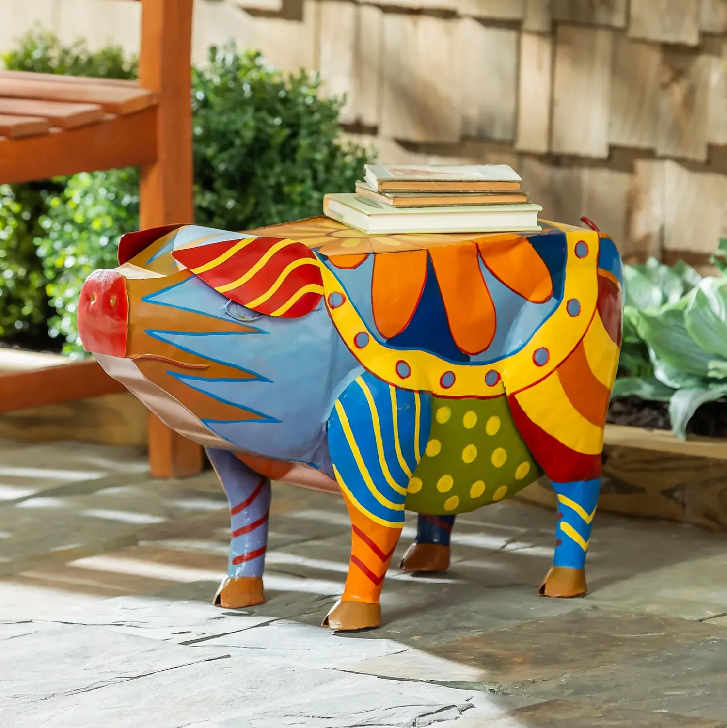 Plow & Hearth Accent Tables|Outdoor Side Tables>Colorful Folk Art Pig Side Table