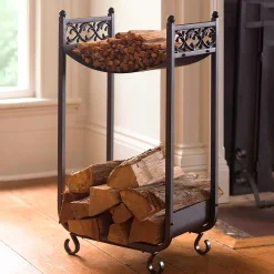 Plow & Hearth Fireplace Tool Sets|Wood Storage & Wood Racks>Compact Log Rack, Cast Iron with Scrollwork Design Black