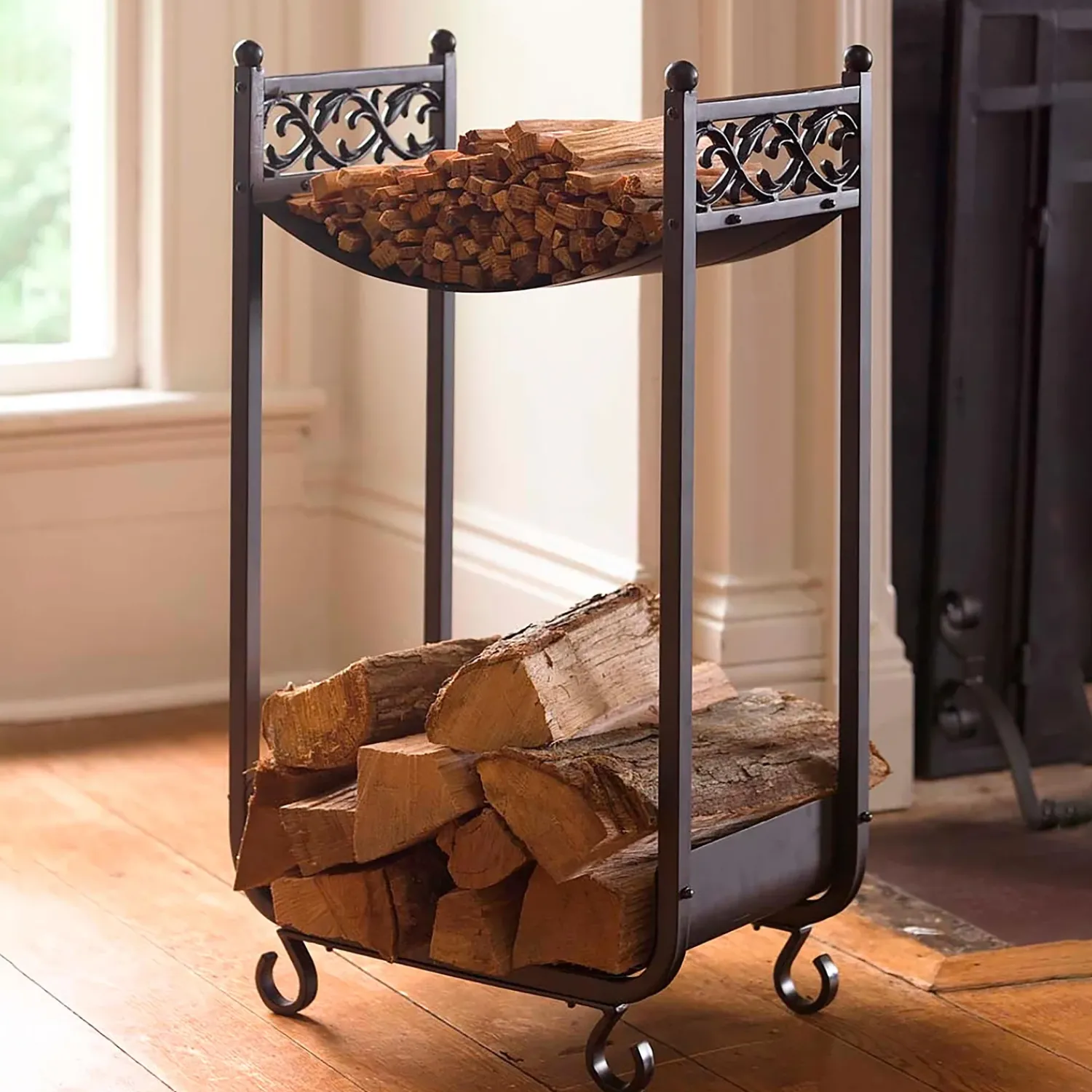 Plow & Hearth Fireplace Tool Sets|Wood Storage & Wood Racks>Compact Log Rack, Cast Iron with Scrollwork Design Black