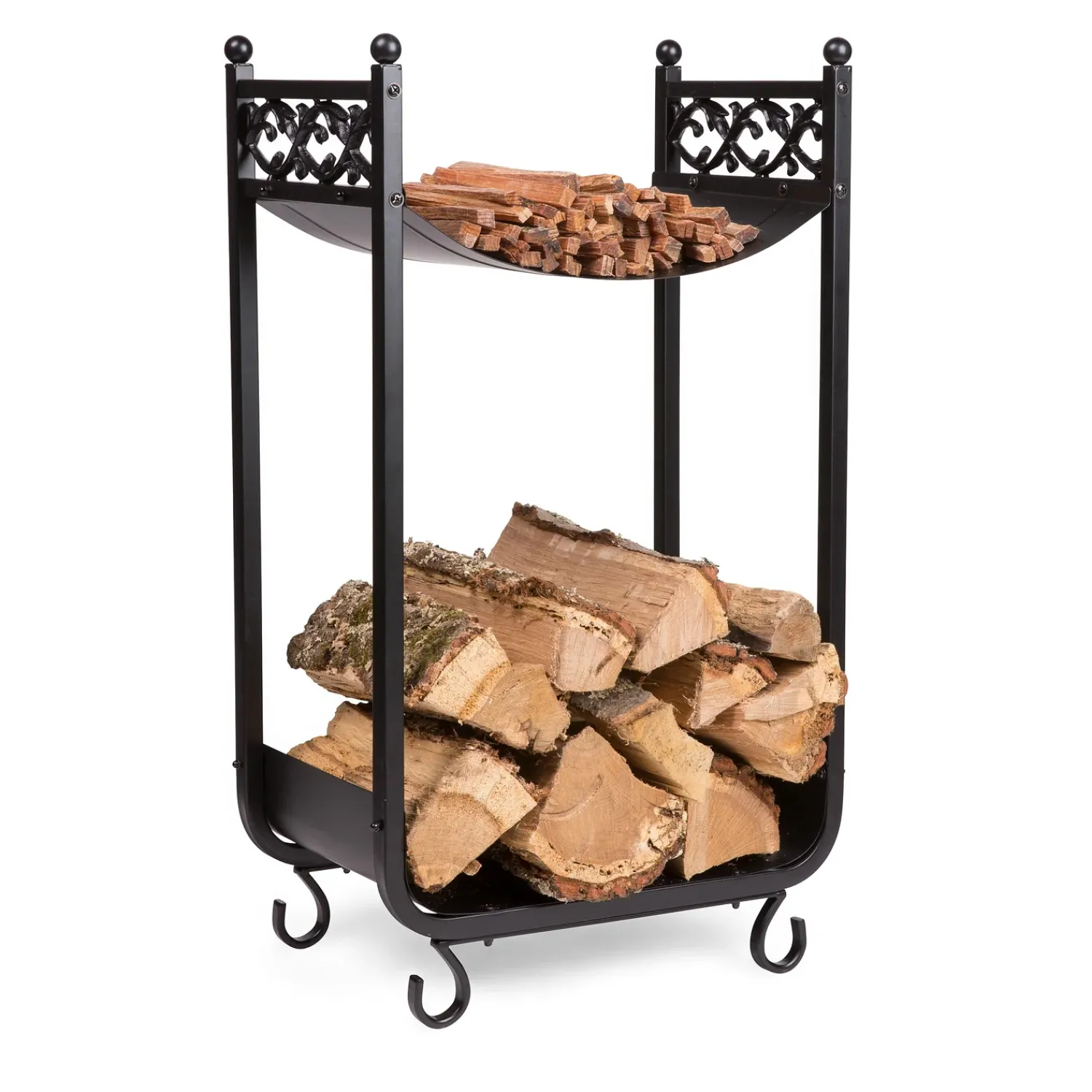 Plow & Hearth Fireplace Tool Sets|Wood Storage & Wood Racks>Compact Log Rack, Cast Iron with Scrollwork Design Black