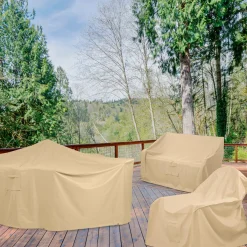 Plow & Hearth Outdoor Clean Up|Outdoor Dining Sets>Deluxe Large Round Table and Chairs Cover Tan
