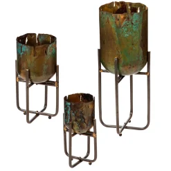 Plow & Hearth Planters & Plant Stands>Distressed Metal Planters in Verdigris Finish, Set of 3