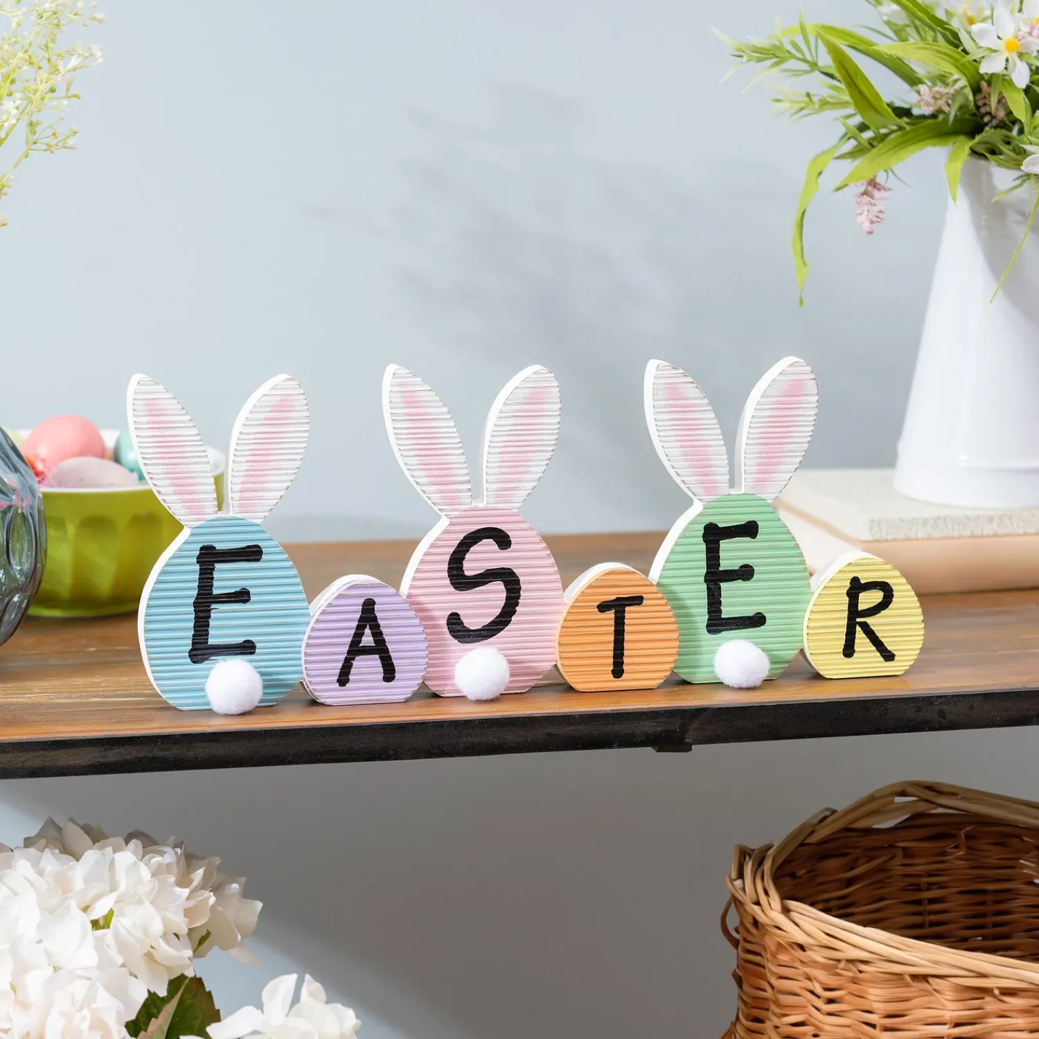Plow & Hearth Decorative Accents>Easter Bunny Eggs Wood Table Decor, 16.75"L