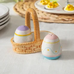 Plow & Hearth Salt & Pepper Shakers>Easter Eggs in Basket Ceramic Salt and Pepper Set