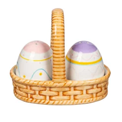 Plow & Hearth Salt & Pepper Shakers>Easter Eggs in Basket Ceramic Salt and Pepper Set