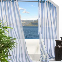 Plow & Hearth Shades & Umbrellas|Outdoor Curtains>Escape Striped Outdoor Curtain Panel, 84"L Khaki