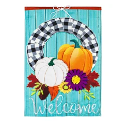 Plow & Hearth Garden Flags>Fall Wreath and Buffalo Check Linen Garden Flag