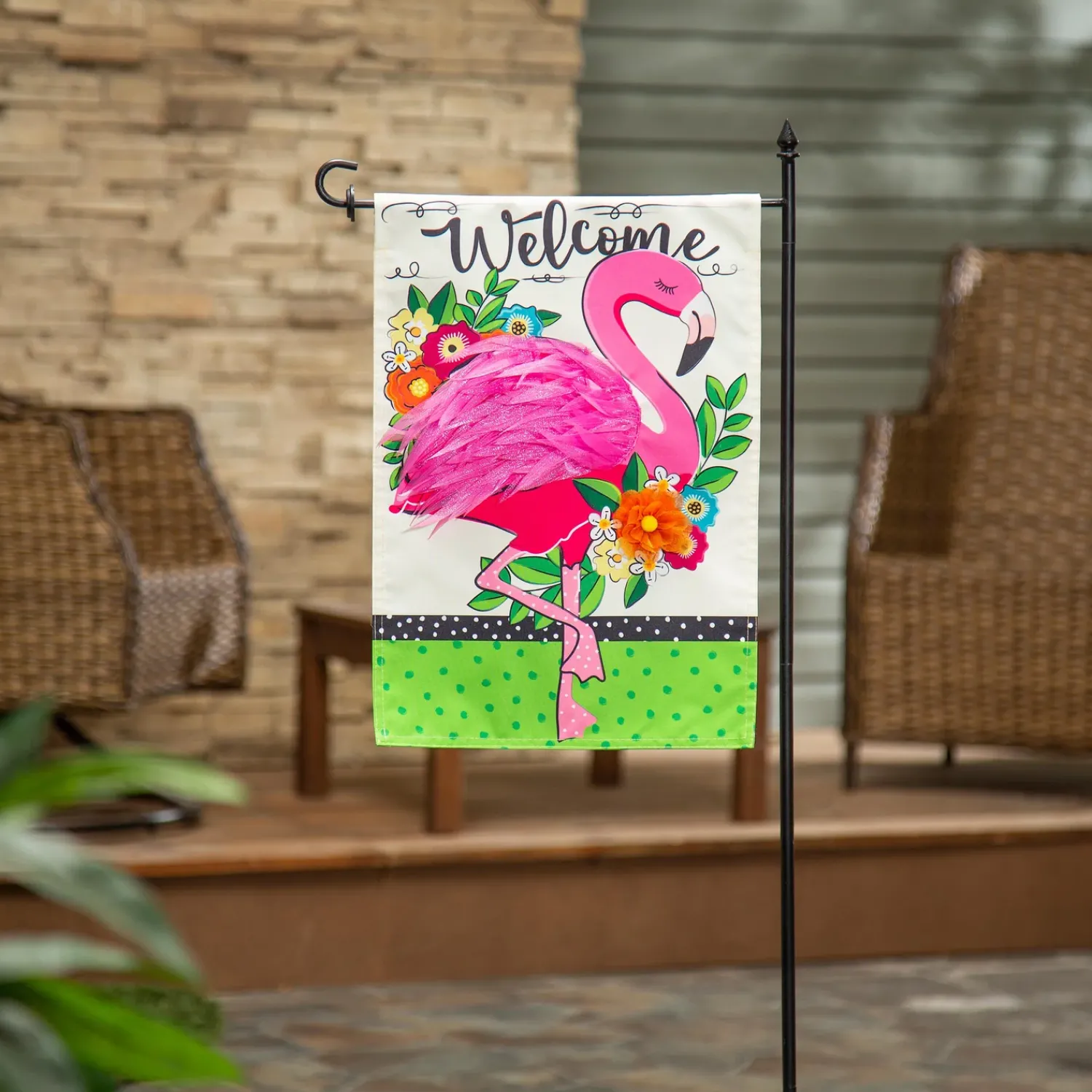 Plow & Hearth Garden Flags>Floral Flamingo Welcome Linen Garden Flag