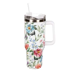 Plow & Hearth Travel Cups>Floral Spray Canyon Cup, Double Wall Stainless Steel w/ Straw, 40oz, Gift Box