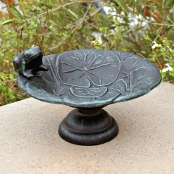 Plow & Hearth Birdbaths>Frog Tabletop Metal Birdbath Verdigris