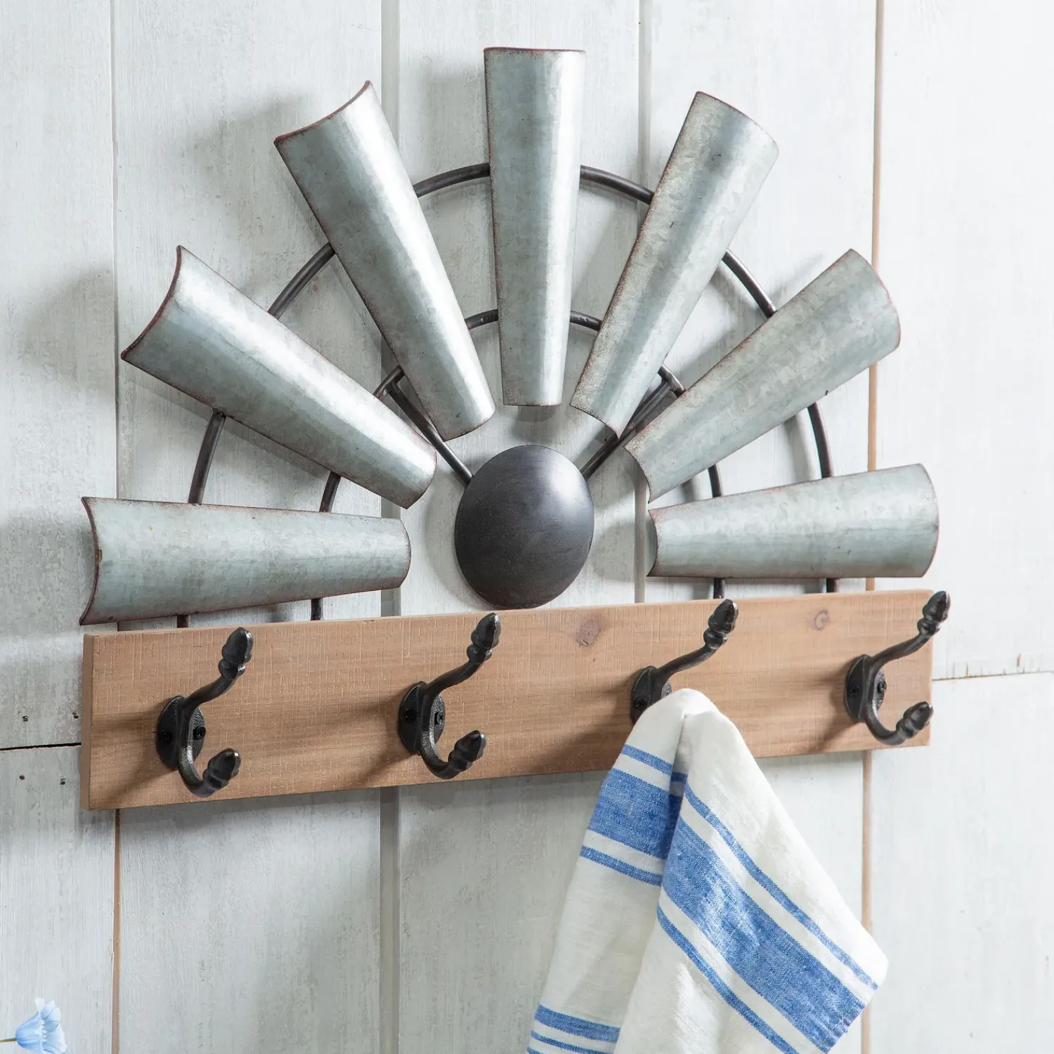 Plow & Hearth Chests & Storage Cabinets|Wall Art>Galvanized Metal and Wood Windmill Hook Rack