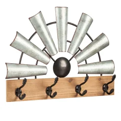 Plow & Hearth Chests & Storage Cabinets|Wall Art>Galvanized Metal and Wood Windmill Hook Rack