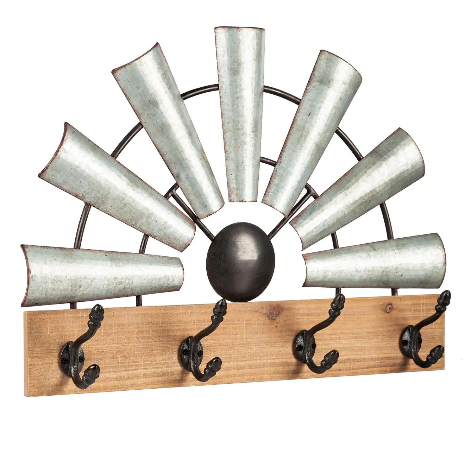 Plow & Hearth Chests & Storage Cabinets|Wall Art>Galvanized Metal and Wood Windmill Hook Rack