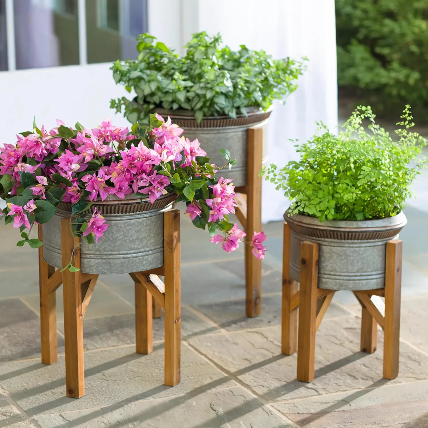 Plow & Hearth Planters & Plant Stands>Galvanized Planters with Wooden Stands, Set of 3