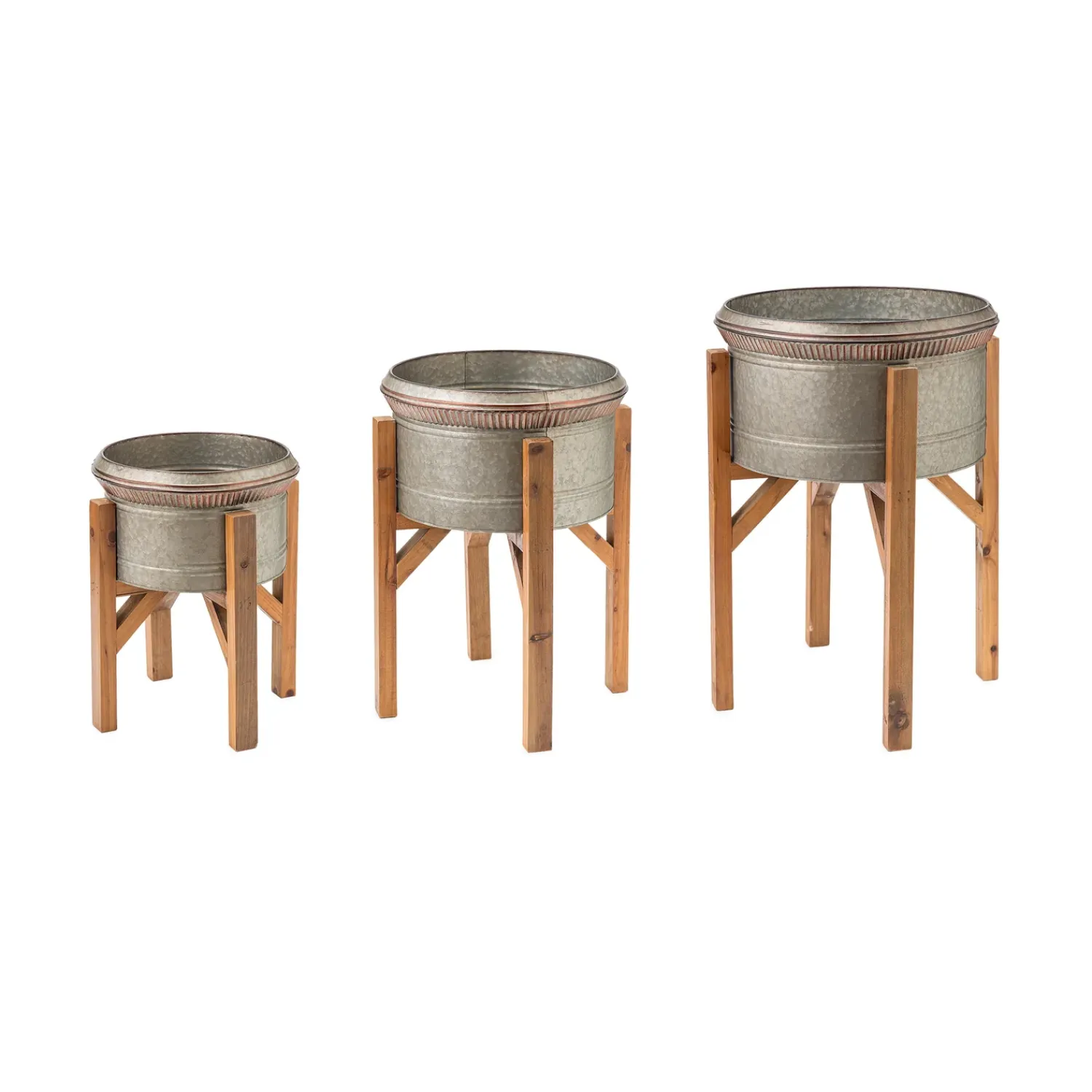 Plow & Hearth Planters & Plant Stands>Galvanized Planters with Wooden Stands, Set of 3