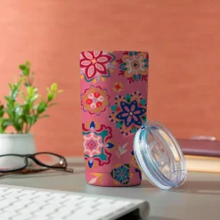 Plow & Hearth Travel Cups>Geometric Tapestry Tiles Double Wall Stainless Steel Tumbler, 20oz, Gift Box