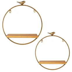 Plow & Hearth Bookshelves & Wall Shelves>Gold Circle Wall Shelf with Bird, Set of 2