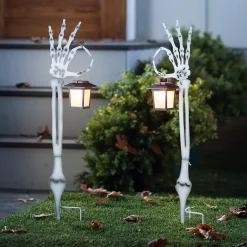 Plow & Hearth Solar Accents|Garden Stakes>Halloween Skeleton Arm Metal Stakes with Solar Lanterns, Set of 2