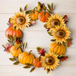 Plow & Hearth Outdoor Wall Art|Wreaths>Handcrafted Metal Sunflower and Pumpkin Autumn Wreath