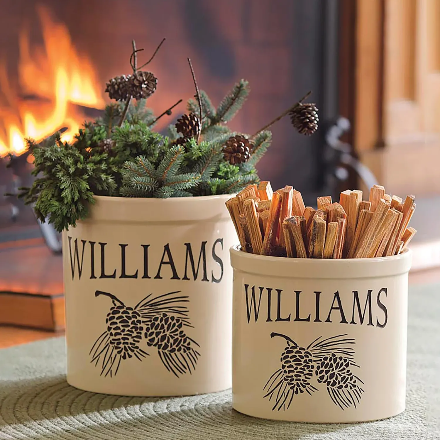 Plow & Hearth Planters & Plant Stands>Handcrafted USA-Made Double Pinecone Personalized 2 Gallon Crock Black