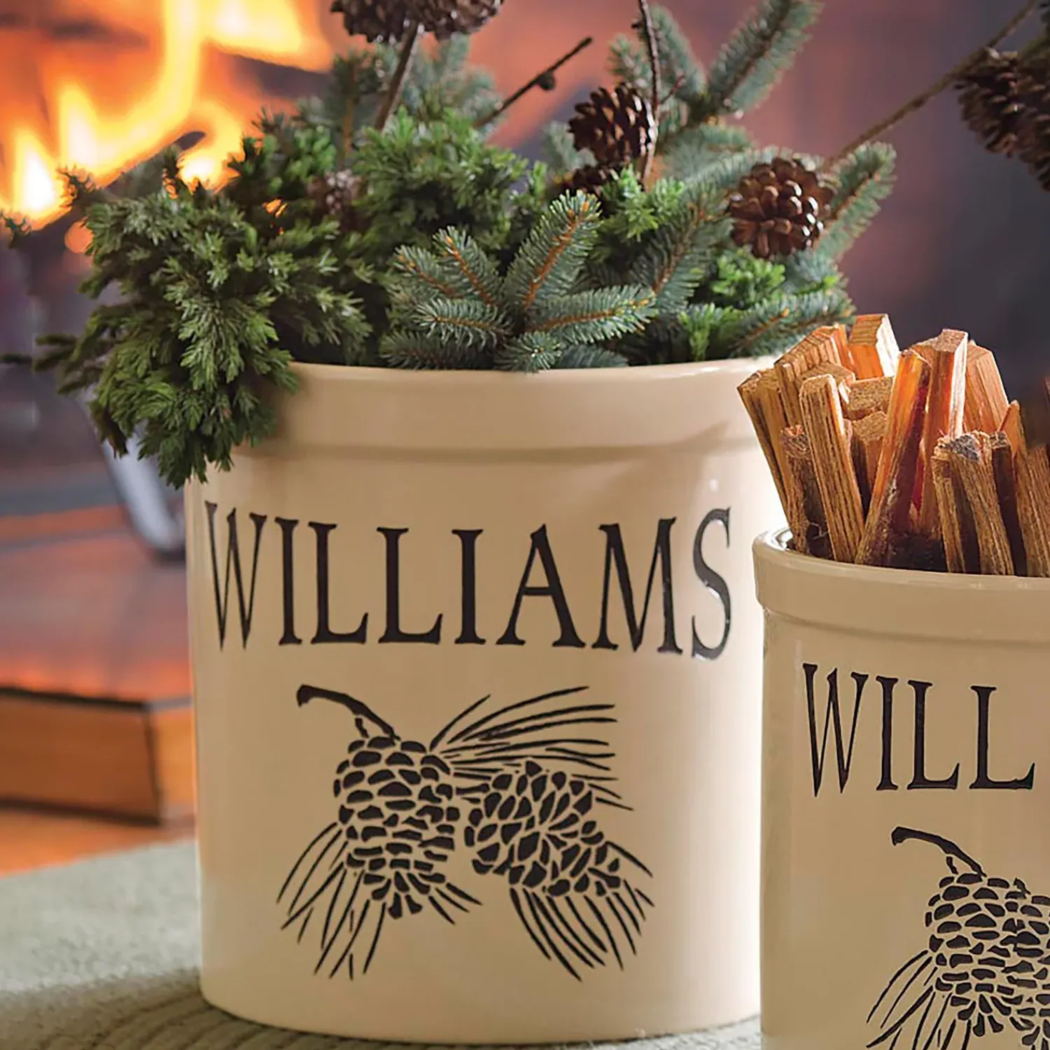 Plow & Hearth Planters & Plant Stands>Handcrafted USA-Made Double Pinecone Personalized 3 Gallon Crock Black