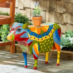 Plow & Hearth Accent Tables|Outdoor Side Tables>Handmade Colorful Painted Folk Art Cow Metal Side Table