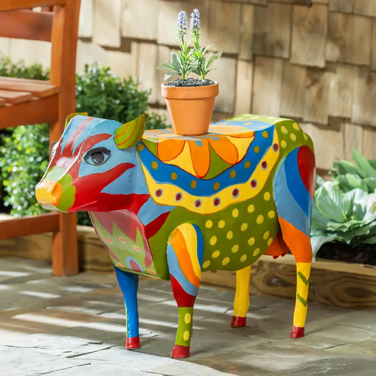 Plow & Hearth Accent Tables|Outdoor Side Tables>Handmade Colorful Painted Folk Art Cow Metal Side Table
