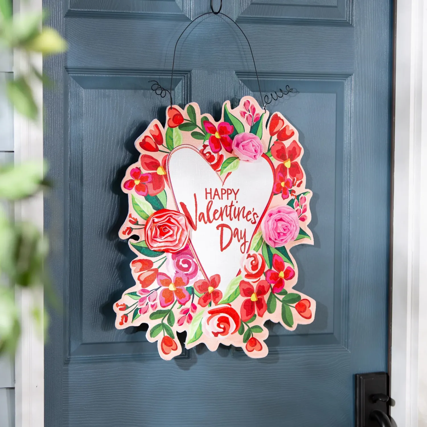 Plow & Hearth Fabric Door Hangers>Happy Valentine's Day Floral Wreath/ Spring has Sprung Double Sided Estate Door Décor