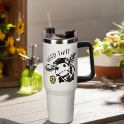 Plow & Hearth Travel Cups>Herd That Cow Canyon Cup, Double Wall Stainless Steel w/ Straw, 40oz, Gift Box