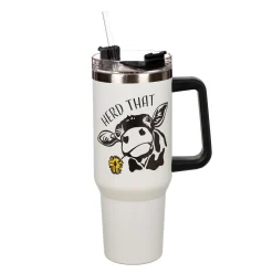 Plow & Hearth Travel Cups>Herd That Cow Canyon Cup, Double Wall Stainless Steel w/ Straw, 40oz, Gift Box
