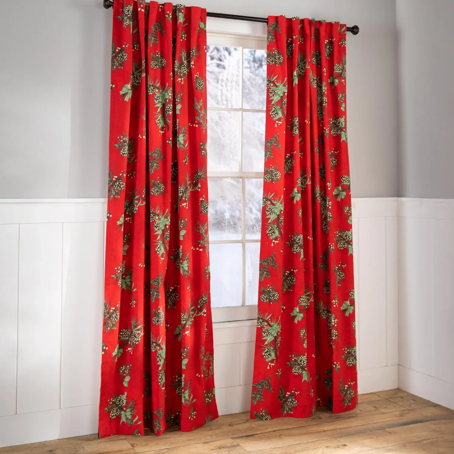 Plow & Hearth Curtain Panels>Holiday Peaceful Pine Curtains, 84"L Pair Double Width