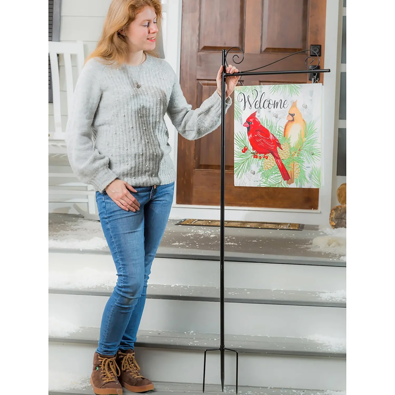 Plow & Hearth Garden Stakes|Solar Accents>Holiday Poinsettia Garden Stake, Solar Sign-sational Greeter Stake, Winter Cardinal Couple, 55"H