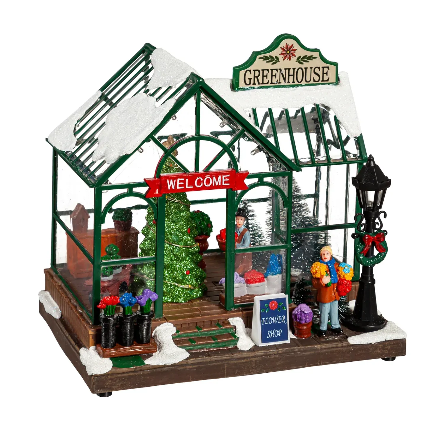 Plow & Hearth Decorative Accents>Holiday Poinsettia LED Table Decor Resin Greenhouse with Rotating Tree and Music, 8"