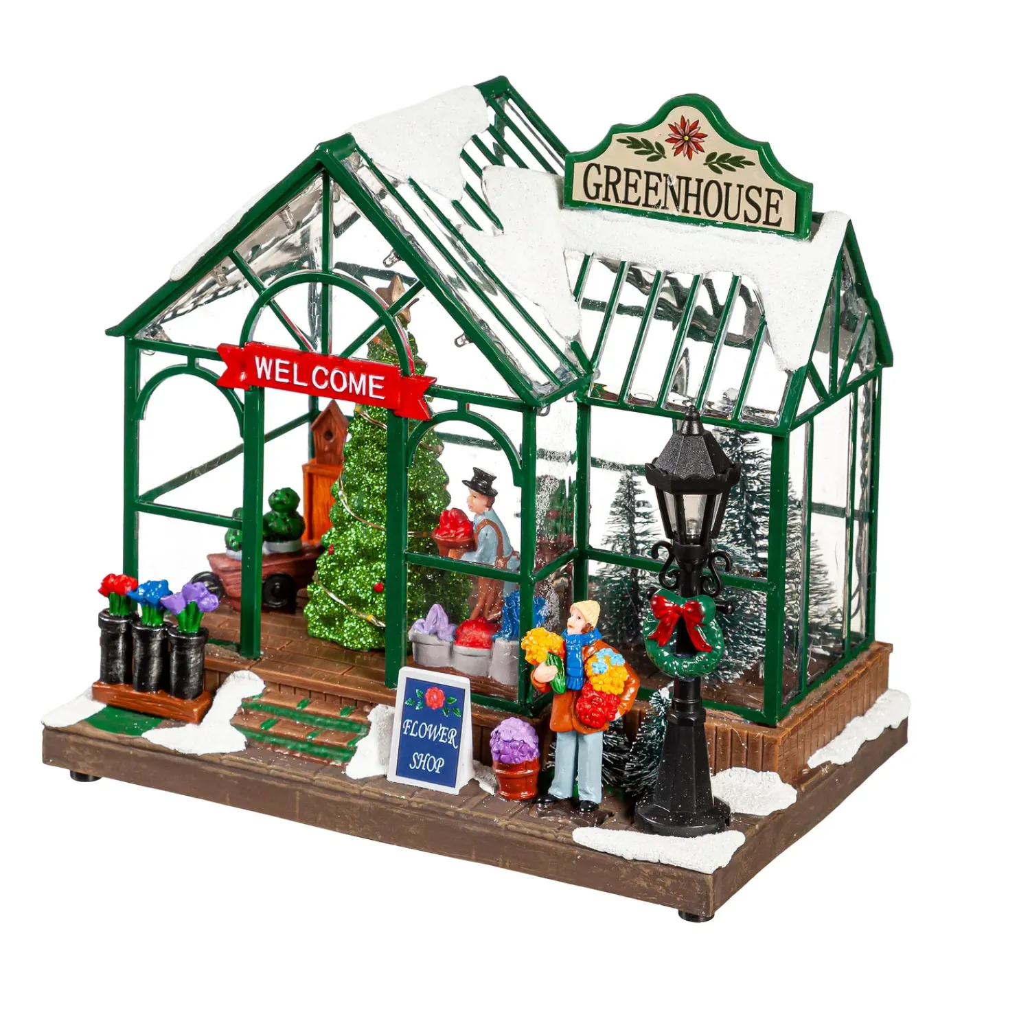 Plow & Hearth Decorative Accents>Holiday Poinsettia LED Table Decor Resin Greenhouse with Rotating Tree and Music, 8"