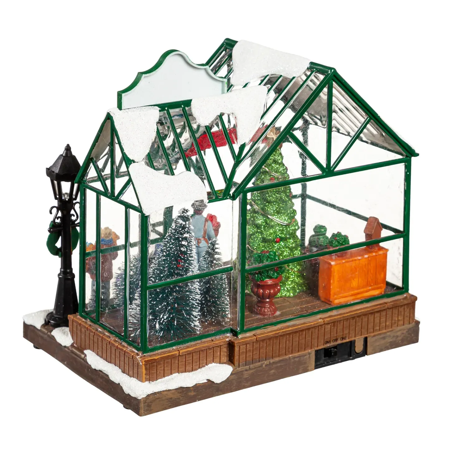 Plow & Hearth Decorative Accents>Holiday Poinsettia LED Table Decor Resin Greenhouse with Rotating Tree and Music, 8"
