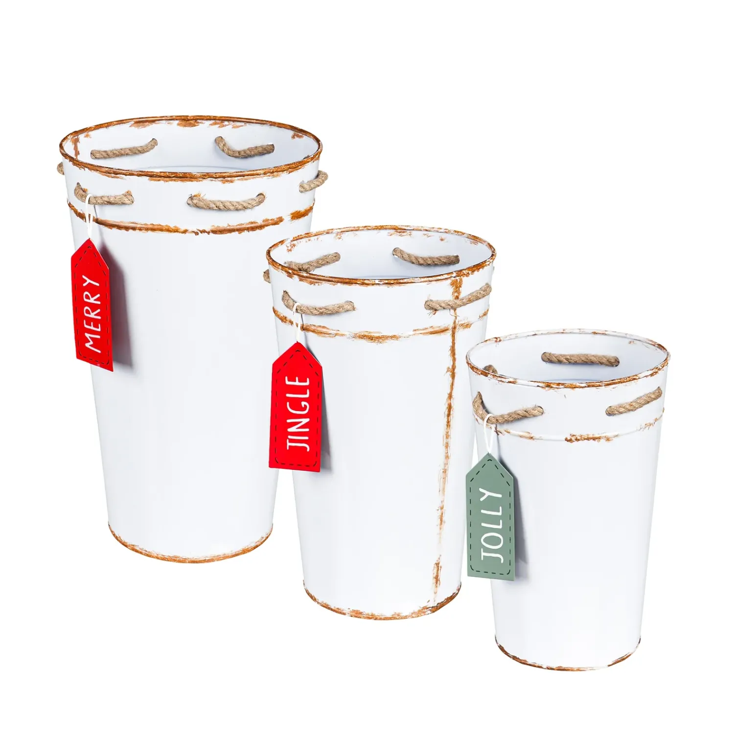 Plow & Hearth Planters & Plant Stands>Holiday Poinsettia Planter, French Bucket with Holiday Tag, Set of 3