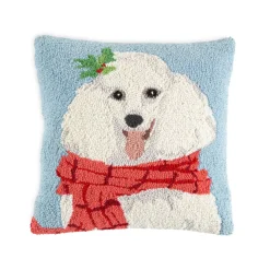 Plow & Hearth Outdoor Throw Pillows|Decorative Pillows>Holiday Poodle with Knit Scarf Hand-Hooked Wool Throw Pillow