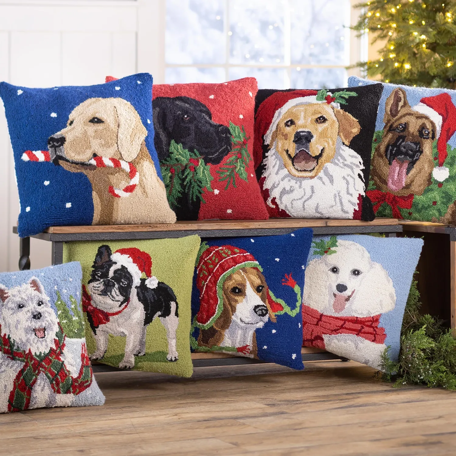 Plow & Hearth Outdoor Throw Pillows|Decorative Pillows>Holiday Poodle with Knit Scarf Hand-Hooked Wool Throw Pillow