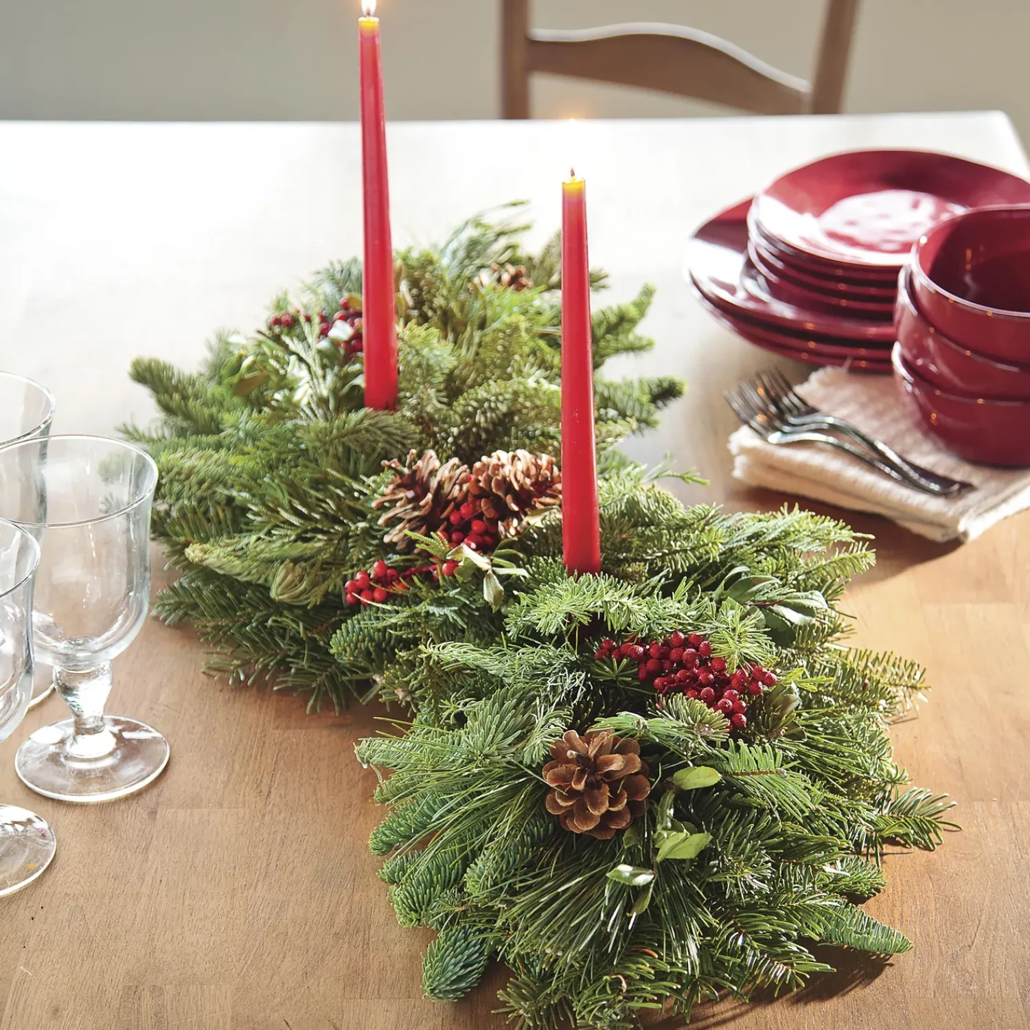 Plow & Hearth Wreaths|Lighted Trees & Garlands>Holiday Woodland Evergreens Centerpiece With Two Candles