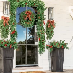 Plow & Hearth Lighted Trees & Garlands>Holiday Woodland Evergreens Door Swag With Bow