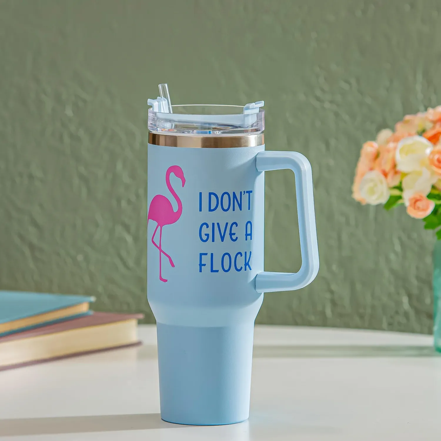 Plow & Hearth Travel Cups>I Don't Give A Flock Flamingo Canyon Cup, Double Wall Stainless Steel w/ Straw, 40oz, Gift Box