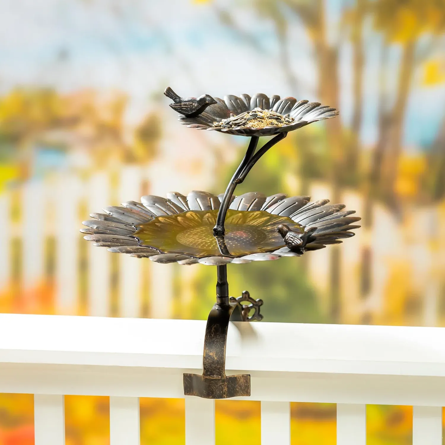 Plow & Hearth Birdbaths>2-in-1 Sunflower Metal Birdbath and Feeder with Mounting Attachment and Stake, 48"H