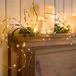 Plow & Hearth Faux Flowers & Plants|Lighted Trees & Garlands>Indoor/Outdoor Birch Garland with 165 Micro LED Lights, 5'L Brown