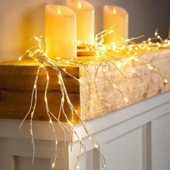 Plow & Hearth Faux Flowers & Plants|Lighted Trees & Garlands>Indoor/Outdoor Birch Garland with 165 Micro LED Lights, 5'L White