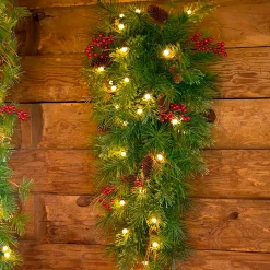 Plow & Hearth Lighted Trees & Garlands|Lighted Garden Decorations>Indoor/Outdoor Blue Ridge Teardrop Swag with Battery-Operated Dual-Function Lights